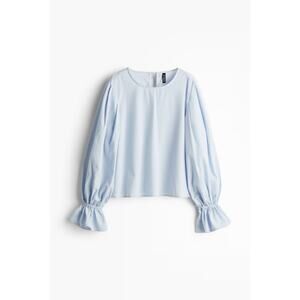 H&M Divided Tie-Detail Cotton Blouse Top Light Blue white pinstripe puff sleeve